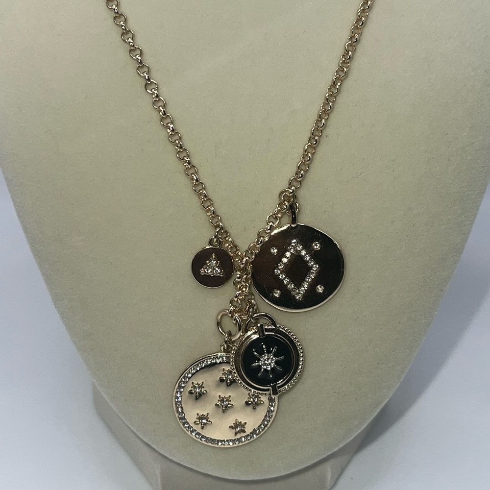 LOFT Long Gold Tone Rhinestone Disc Pendant Necklace None Missing